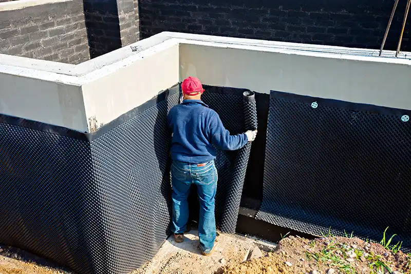 Labour performing exterior waterproofing on a basement foundation wall