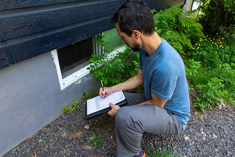 inspector is reviewing basement foundation wall for any visible damage, wall cracks or water leakage